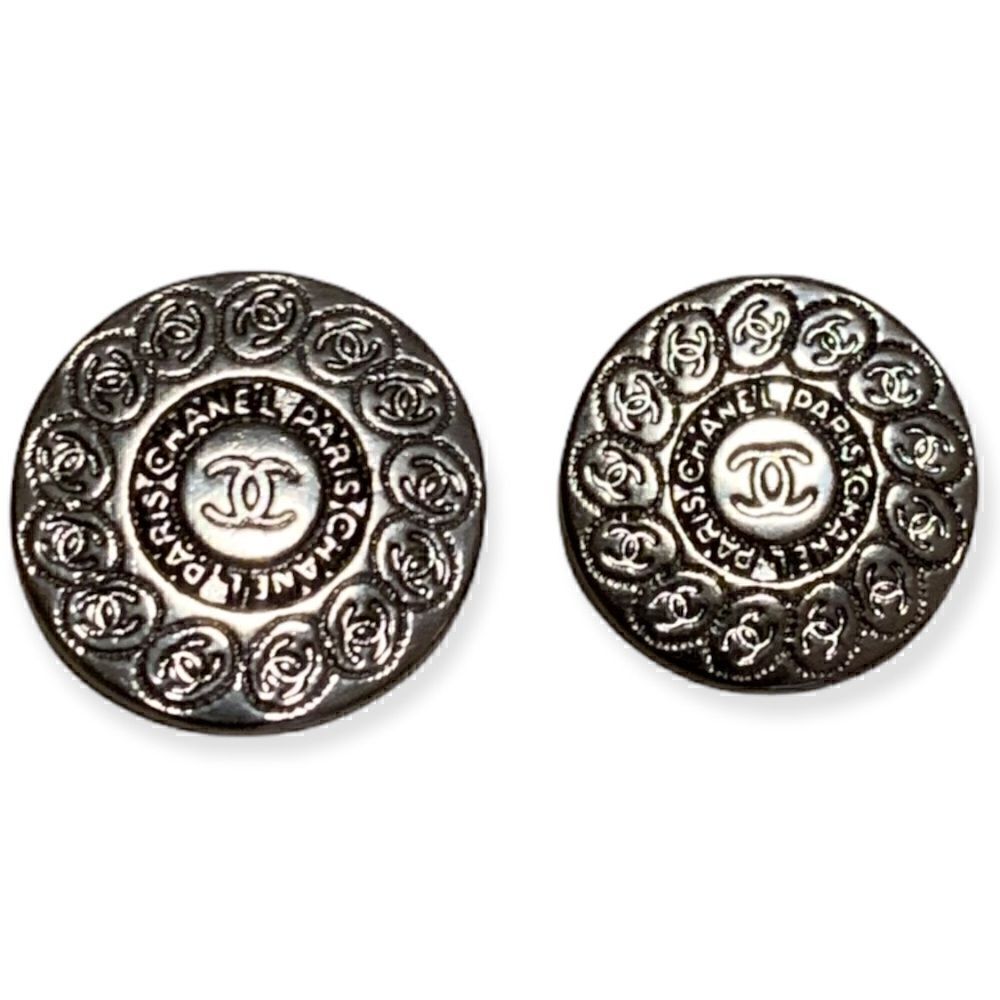 Two CHANEL interlocking CC Logo Rhodium Metal Buttons